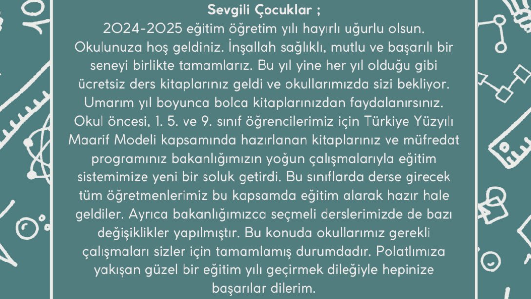 Milli Eğitim Müdürümüz Sayın İmralı KALOÇ' un 2024-2025 Eğitim Öğretim Dönemi  Mesajı